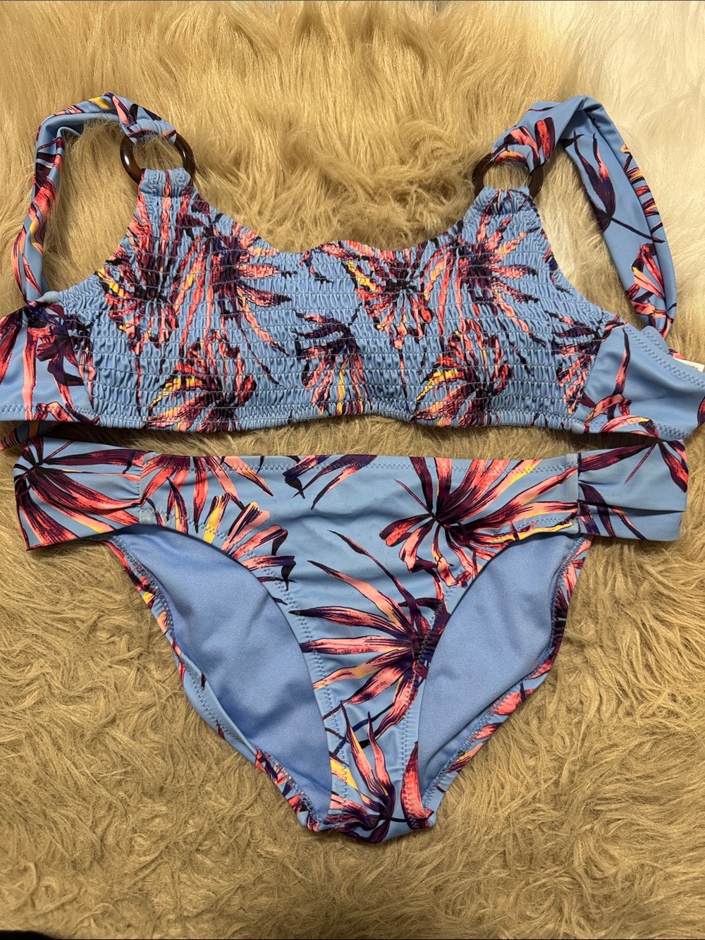 Jessica Simpson Light Blue Tropical Bikini Set with Pink & Coral Accents